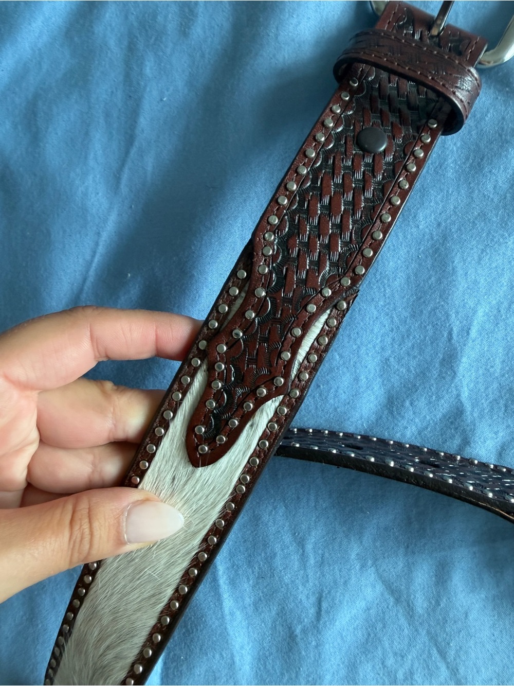 Vintage Men's Belt with White Hair-On Detail